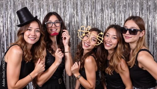Group of Smiling Women Posing with Fun Props at Party, Silver Tinsel Backdrop