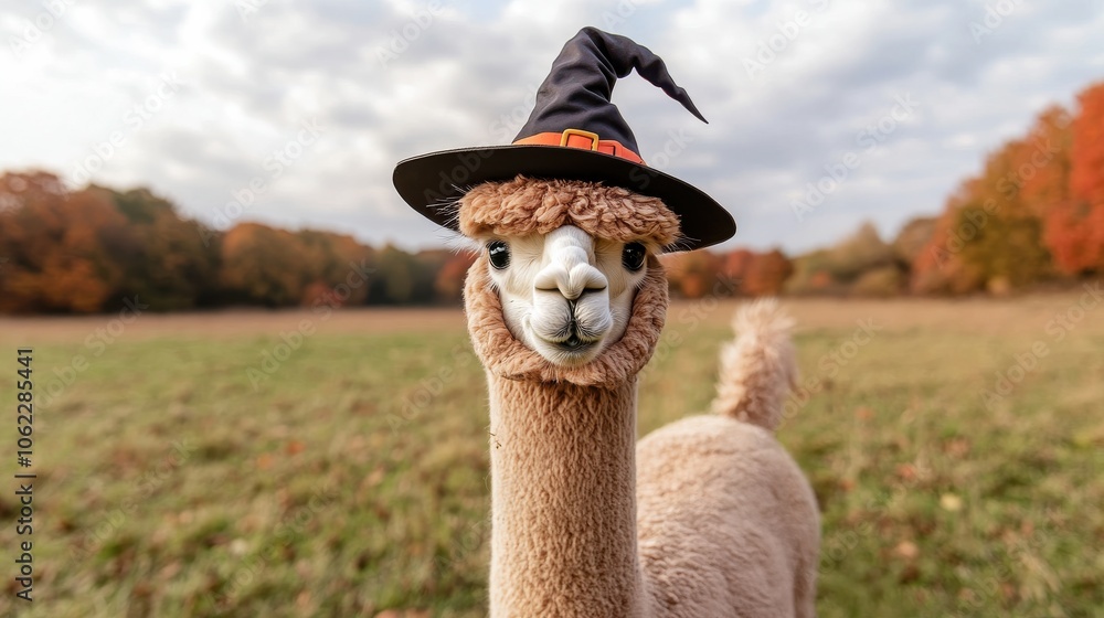 Fototapeta premium Alpaca in Witch Hat in Scenic Autumn Landscape