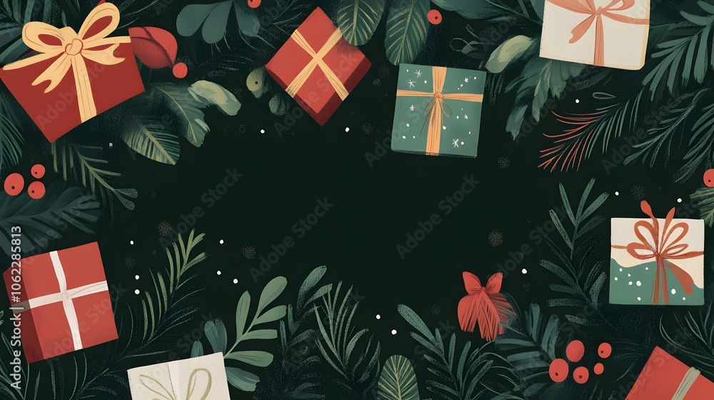 Christmas dark green backdrop with whimsical ornament designs Christmas dark green backdrop with whimsical ornament designs