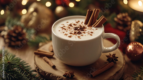 Cup of Eggnog Overflowing with Cinnamon Sticks, Floating Over a Festively Decorated Table 