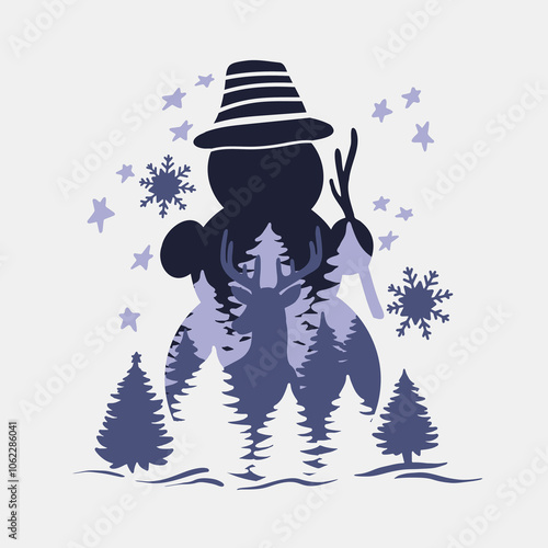 Cute Snowman winter 3D layered paper cut style. Christmas vector illustration. Landscape with reindeer silhouette Shadow box eps. Vector layout template for greeting card, kids activity, invitation