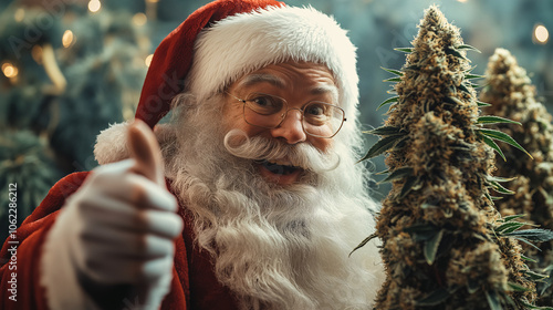 Cheerful Santa Claus with marijuana buds, Christmas 420 concept