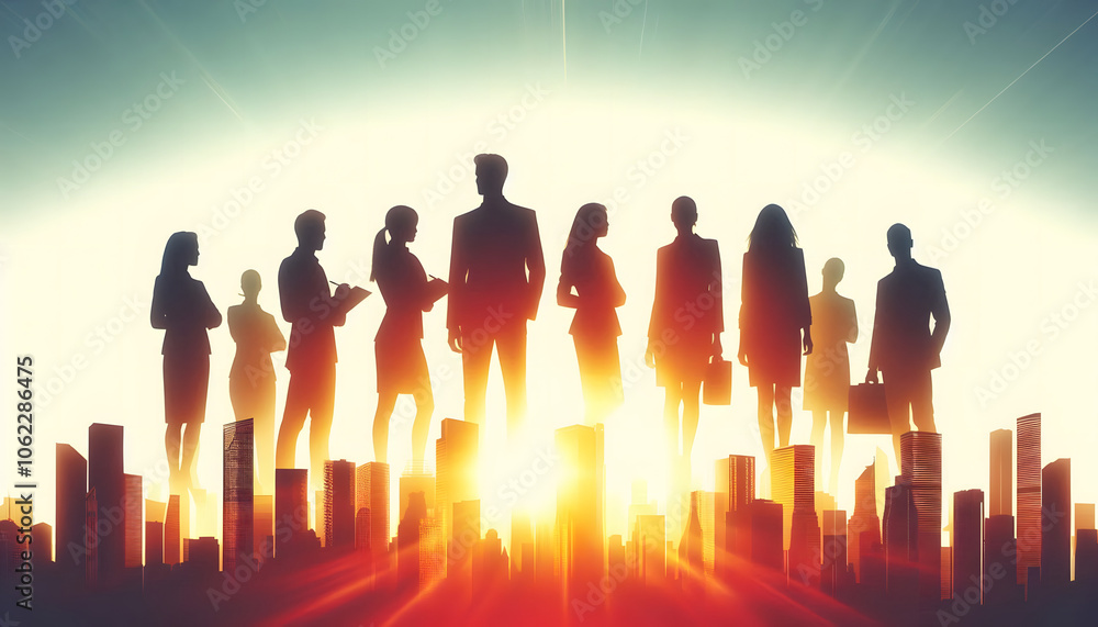 A silhouette of a team of diverse individuals who work together in a bustling city. The key themes are A silhouette of a team of diverse individuals who work together in a bustling city. The key themes are