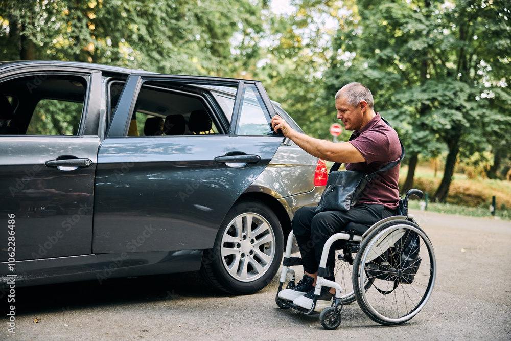 Man in Wheelchair Preparing to Transfer Into Car Man in Wheelchair Preparing to Transfer Into Car
