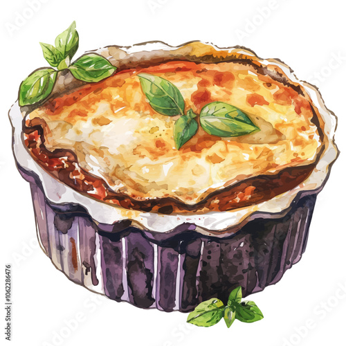 A watercolor vector of Moussaka, isolated on a white background.