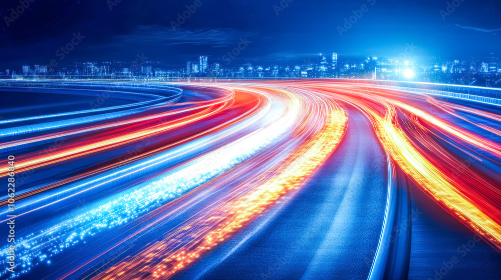 Dynamic nighttime cityscape with vibrant light trails of traffic illustrating urban movement and energy Dynamic nighttime cityscape with vibrant light trails of traffic illustrating urban movement and energy