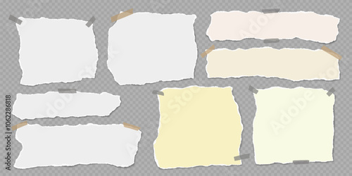Set of torn white, brown note paper pieces, strips are on white squared background for text, notes or ad.