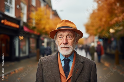 Portrait of an elderly man in a hat on the street in autumn.