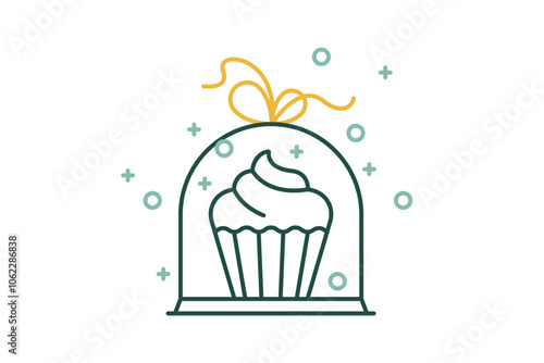 Vector linear minimalistic illustration - cupcake icon - gift cake packaged. Muffin sign, bow gift isolated, Birthday present, Christmas pie, New Year package, Holidays confectionery emblem