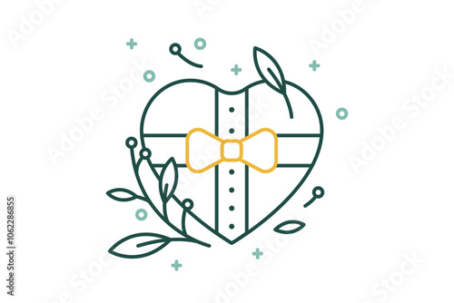 Vector linear minimalistic illustration. Heart box gift, ribbon, bow gift isolated - Birthday presents - Christmas sale, New Year package, Holidays shopping icon. Gifts delivery service sign