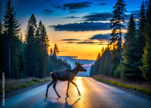 Moose Calf Crossing Road at Sunset in Hallabrottet photo