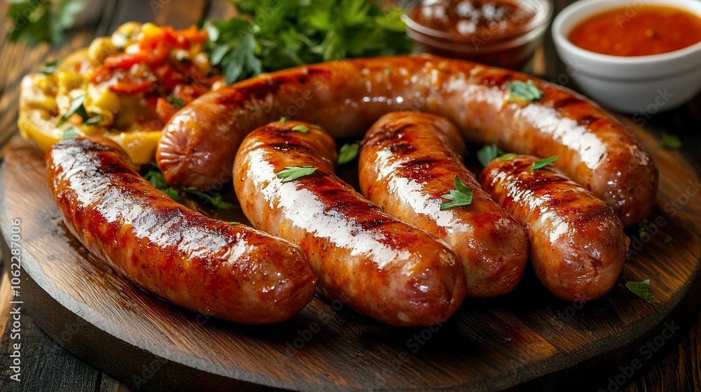 Four grilled sausages on a wooden board with grilled vegetables and two sauces. Four grilled sausages on a wooden board with grilled vegetables and two sauces.