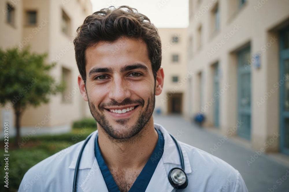 Close portrait of a smiling young Israeli man doctor looking at the camera, Israeli hospital blurred background Close portrait of a smiling young Israeli man doctor looking at the camera, Israeli hospital blurred background