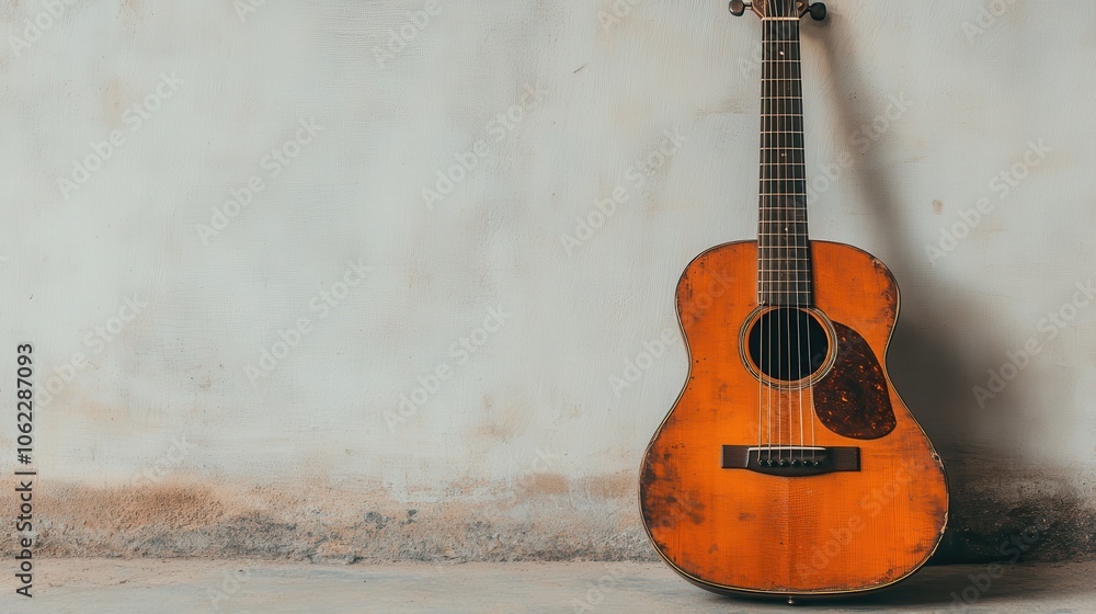 Old Guitar with Broken Strings Against Wall Old Guitar with Broken Strings Against Wall