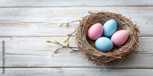 Colorful Easter Eggs Nestled in Rustic Nest