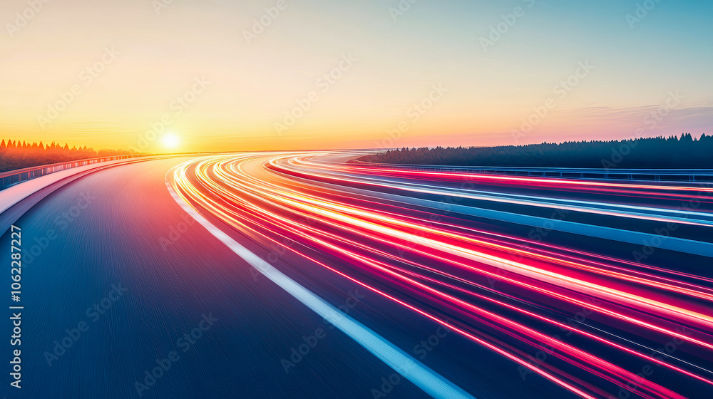 Vibrant sunset traffic trails a stunning display of light and motion on the open road Vibrant sunset traffic trails a stunning display of light and motion on the open road