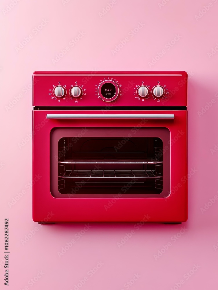 Obraz premium A modern red oven stands out against a bright pink background, symbolizing a fresh start, vibrant energy, and the joy of cooking and baking.