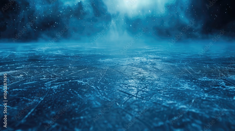 Texture of icy floor with blue hues, misty backdrop, lit ice rink in spotlight. Illuminated Scene Texture of icy floor with blue hues, misty backdrop, lit ice rink in spotlight. Illuminated Scene