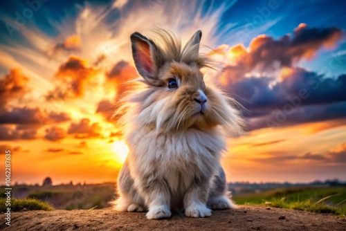 Lionhead Rabbit Against a Beautiful Sunset Background photo