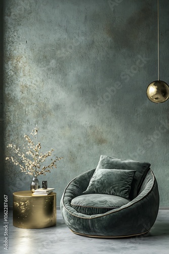 Cozy living area in gray-green tones. A lounge chair with a gold accent table complements the blank wall background. 3D render photo