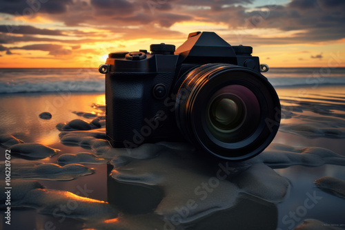 Camera on beach capturing the serene sunset over water