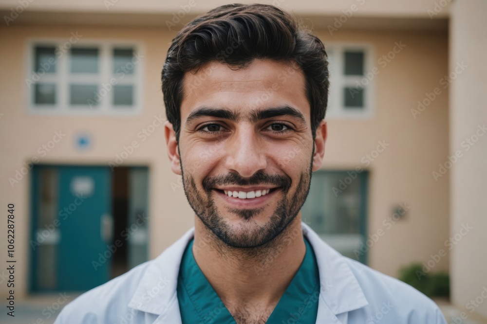 Close portrait of a smiling young Jordanian man doctor looking at the camera, Jordanian hospital blurred background Close portrait of a smiling young Jordanian man doctor looking at the camera, Jordanian hospital blurred background