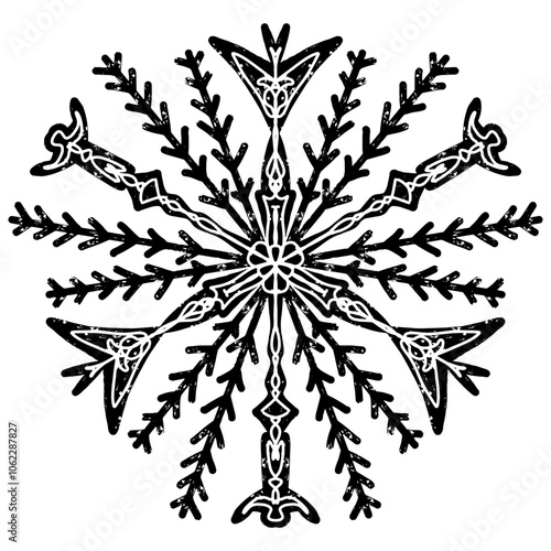 Openwork snowflakes in linocut style, lace folk motifs Scandinavian style, vector isolated element