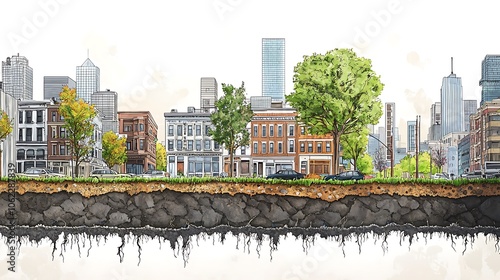 Cross-sectional illustration depicting detailed underground soil layers of a city street. photo