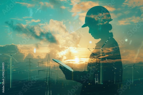 Engineer analyzing data in front of wind turbines at sunset