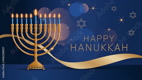 Beautiful holiday card for Hanukkah with traditional menorah with candles and gold ribbon, stars of David with the inscription “Happy Hanukkah” on a blue background. 