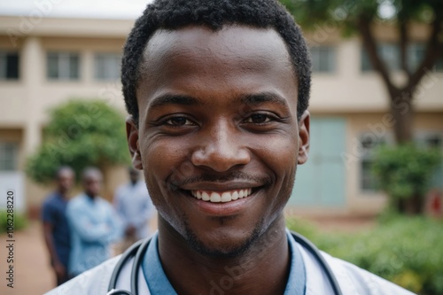 Close portrait of a smiling young Kenyan man doctor looking at the camera, Kenyan hospital blurred background