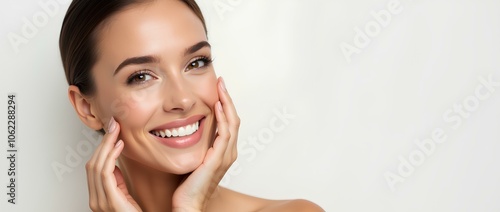 Close-up of smiling model with flawless makeup, glowing skin and natural white smile on white background with space for text. For advertising cosmetic products, skin care and dental care brands.	