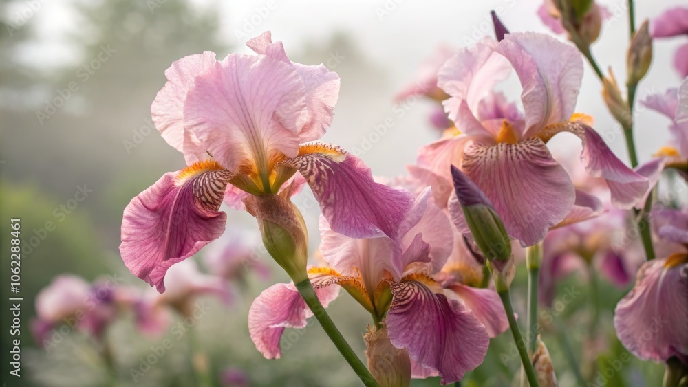 Pink Iris Flowers in Bloom Under Soft Morning Light Pink Iris Flowers in Bloom Under Soft Morning Light