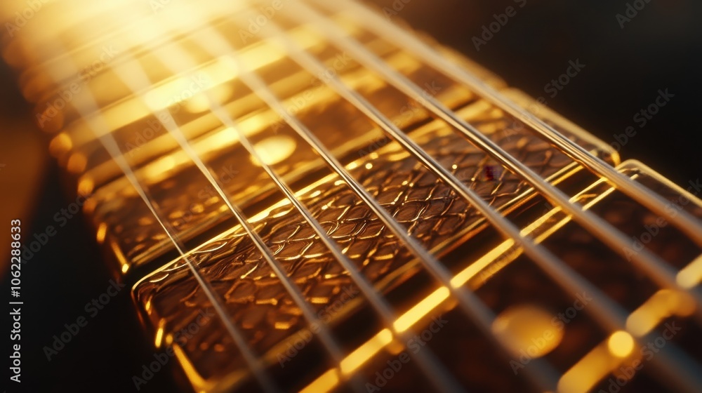 Neck and fretboard of an electric guitar with golden strings and frets, illuminated by a warm, backlit light Neck and fretboard of an electric guitar with golden strings and frets, illuminated by a warm, backlit light