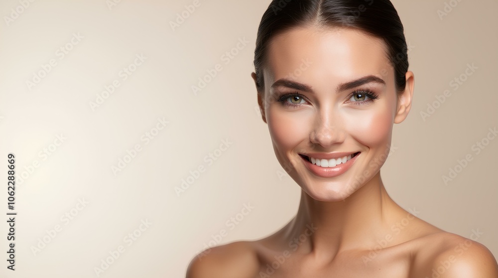 Close-up of model, young woman with perfect skin and white smile on light beige background with space for text. For advertising of dental and skin care products Close-up of model, young woman with perfect skin and white smile on light beige background with space for text. For advertising of dental and skin care products