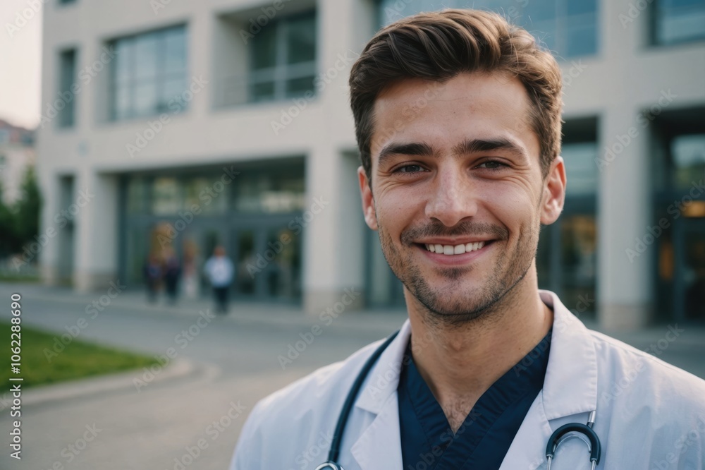 Close portrait of a smiling young Kosovar man doctor looking at the camera, Kosovar hospital blurred background Close portrait of a smiling young Kosovar man doctor looking at the camera, Kosovar hospital blurred background