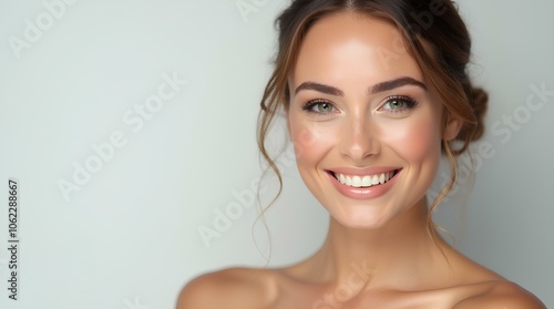 Close-up of smiling model with flawless makeup, glowing skin and natural white smile on light background with space for text. For advertising cosmetic products, skin care and dental care brands. 