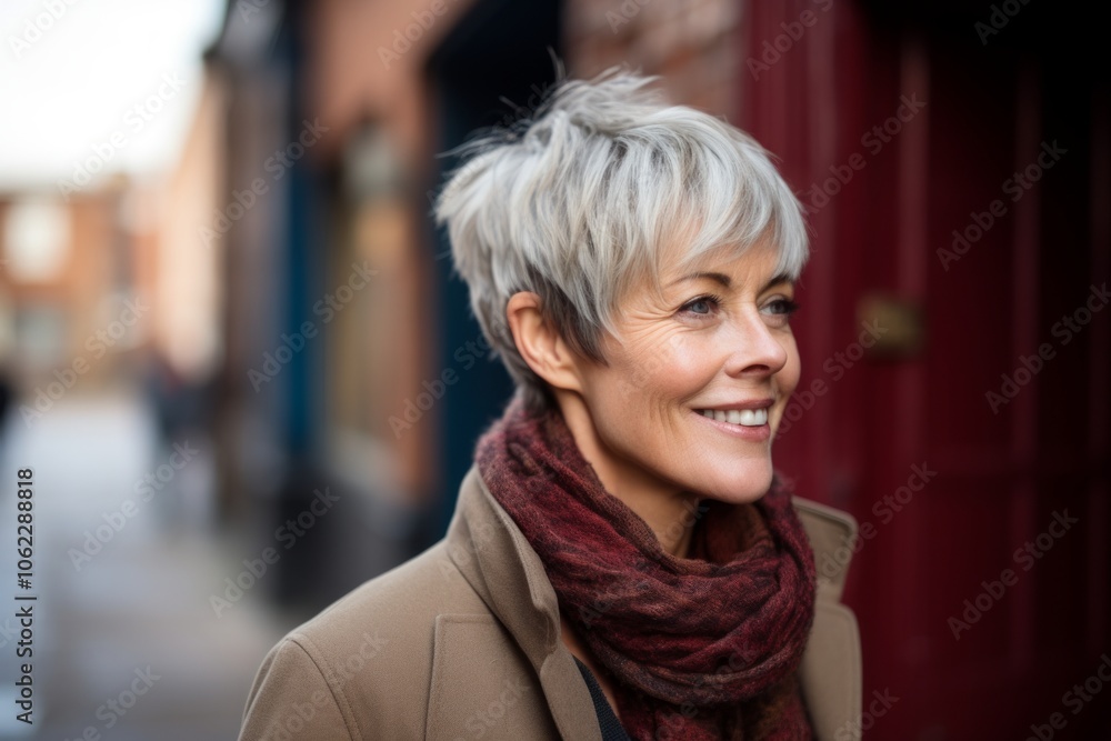 Portrait of smiling senior woman in coat and scarf on the street Portrait of smiling senior woman in coat and scarf on the street