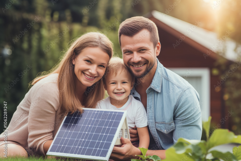 Happy Family with Model Solar-Powered Home in Green Garden Happy Family with Model Solar-Powered Home in Green Garden