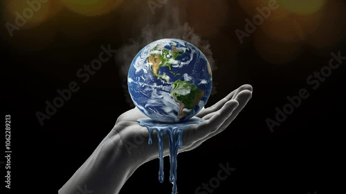 Hands Holding the earth which is mealting Burning on. Save The World, Earth Day. photo