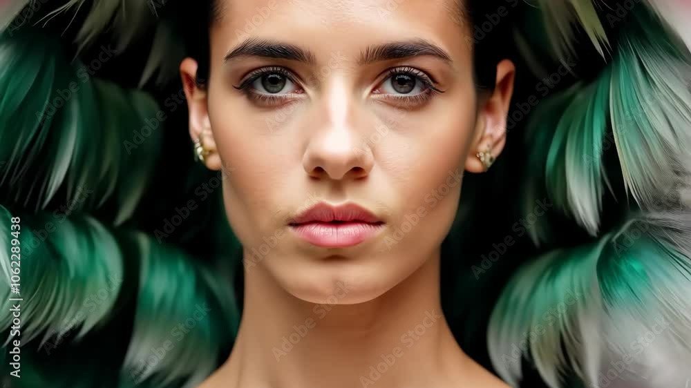 Portrait of a woman surrounded by green feather details Portrait of a woman surrounded by green feather details