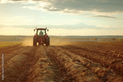 Tractor plowing field during sunset on rural farmland