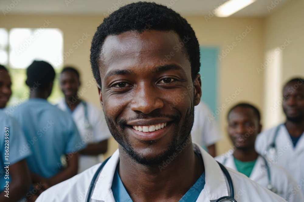 Close portrait of a smiling young Liberian man doctor looking at the camera, Liberian hospital blurred background Close portrait of a smiling young Liberian man doctor looking at the camera, Liberian hospital blurred background