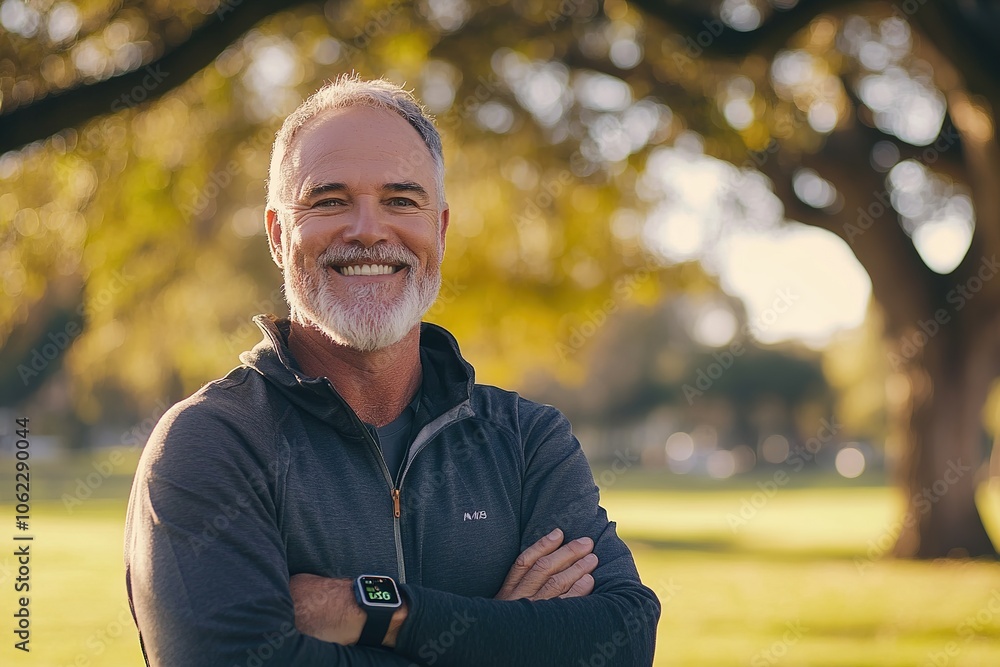 Obraz premium Confident middle-aged man with gray hair smiling outdoors in a forest setting, wearing a smartwatch and athletic clothing