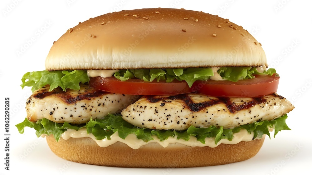 A classic grilled chicken sandwich with lettuce, tomato, and mayo A classic grilled chicken sandwich with lettuce, tomato, and mayo
