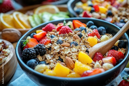 Colorful Granola Bowl with Fresh Fruits and Nuts