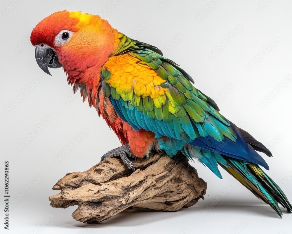 Obraz premium A vibrant, colorful parrot perched on a wooden branch, showcasing its striking plumage of red, yellow, green, and blue feathers.