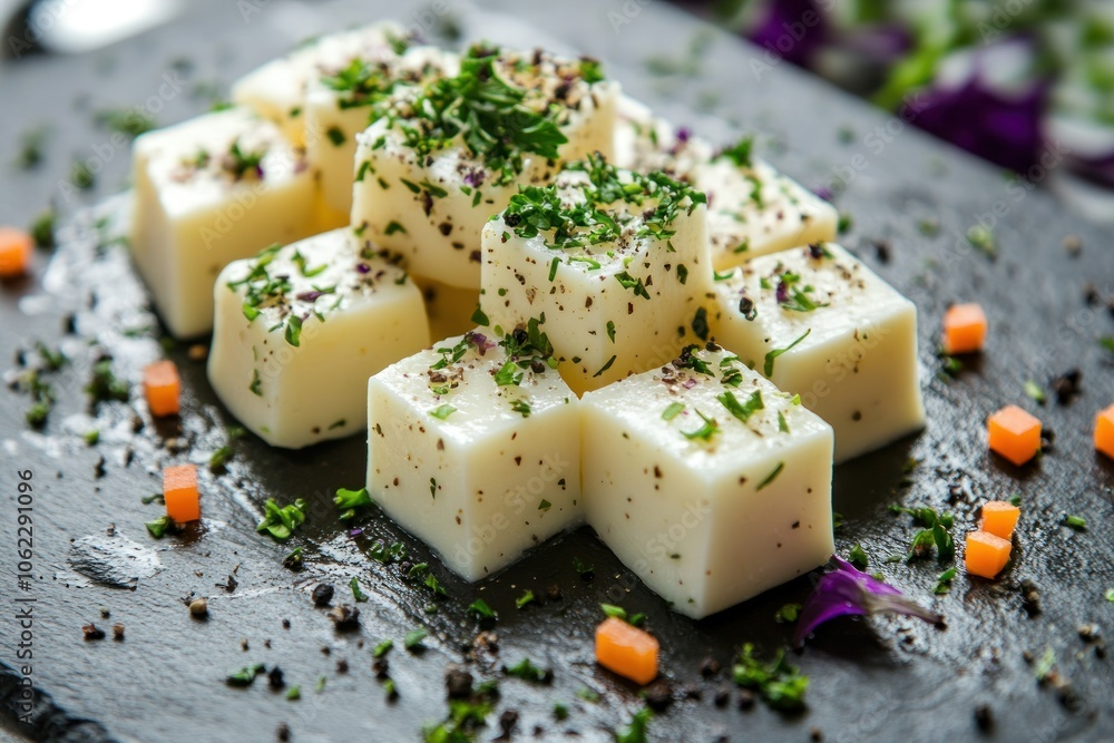 Fresh Cheese Cubes with Vibrant Herbs Displayed Fresh Cheese Cubes with Vibrant Herbs Displayed