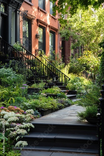 Charming brownstone building with lush garden landscaping  featuring vibrant flowers and greenery along the steps and iron railings  in a sunlit urban neighborhood