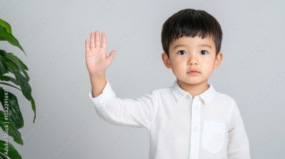 Asian child with raised palm stop gesture, white background, neutral palette Asian child with raised palm stop gesture, white background, neutral palette
